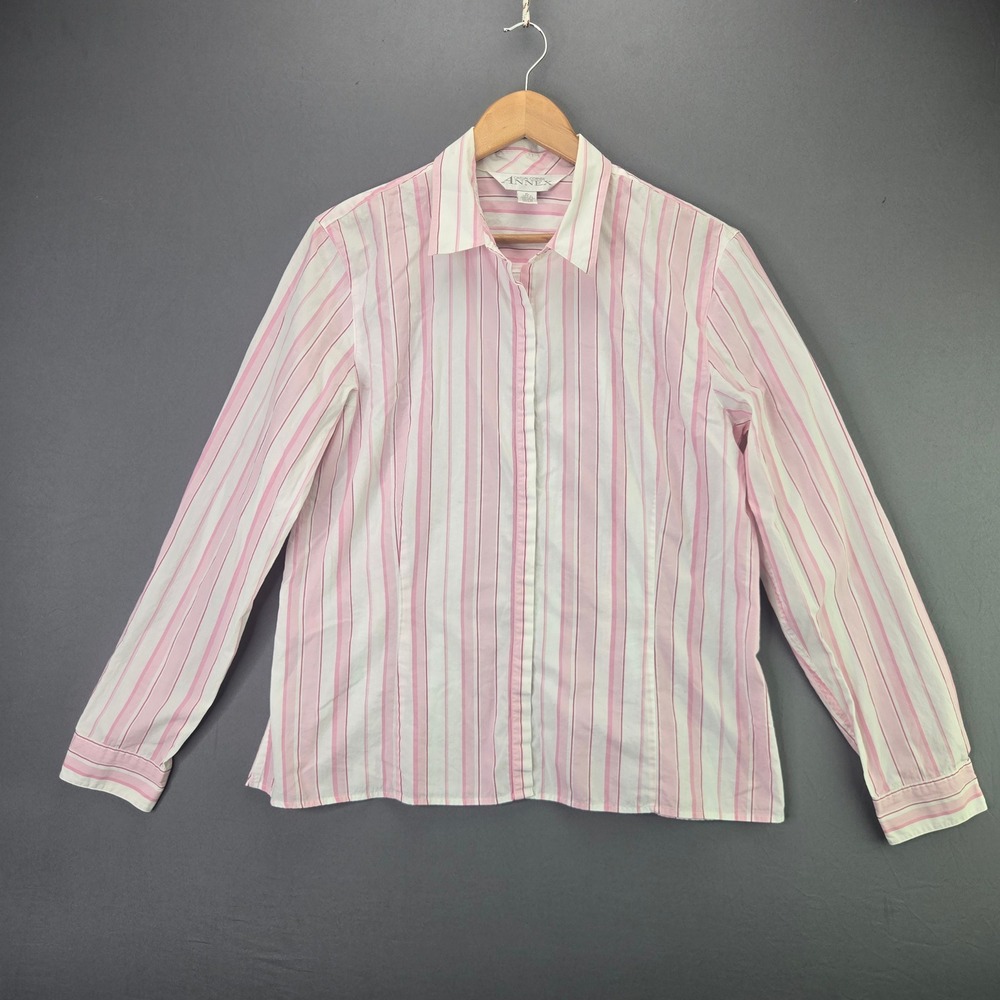Casual Corner Annex Shirt Striped Button Up XL Pink White Cotton Long Sleeve